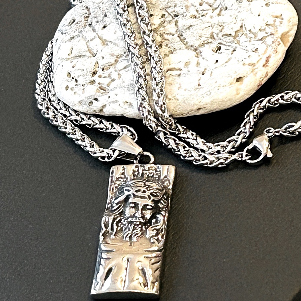 Jesus Rectangle Stainless Steel Pendant with Wheat Chain Necklace